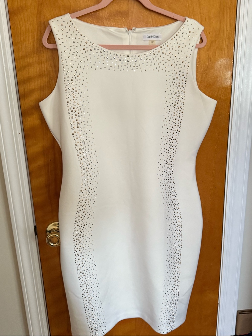 Calvin Klein Cream Sleeveless Midi Dress with Crystal Stud Accents